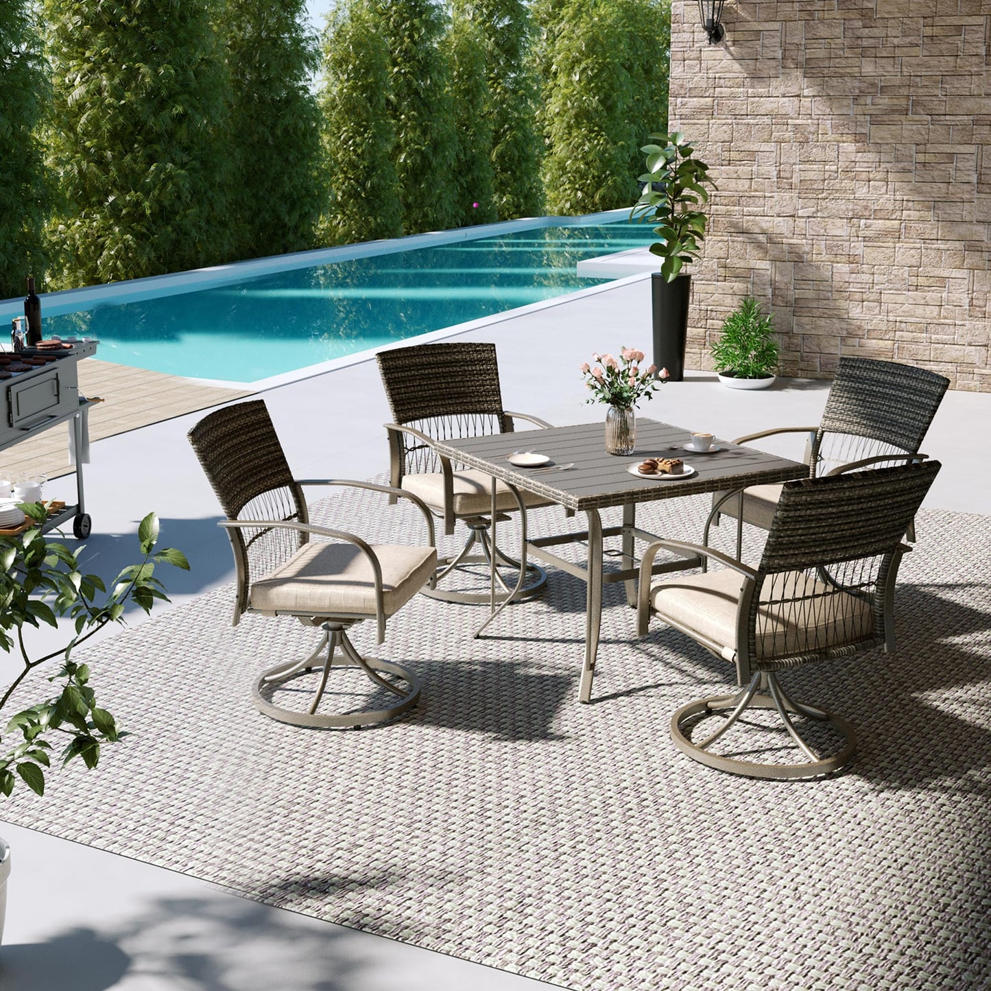 Pamapic 5 Piece Outdoor Furniture Set, Rattan Outdoor Patio Furniture Set for Deck Backyard with Iron Slats Outdoor Dining Table, 4 Swivel Outdoor Dining Chairs and Removable Cushions (Beige)
