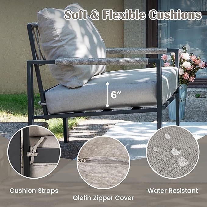 PATIOCHIC 5 Pieces Rattan Outdoor Furniture Set, All-Weather Patio Conversation Set with Warm Grey Cushions and Coffee Tables for Garden, Backyard, Balcony, Poolside