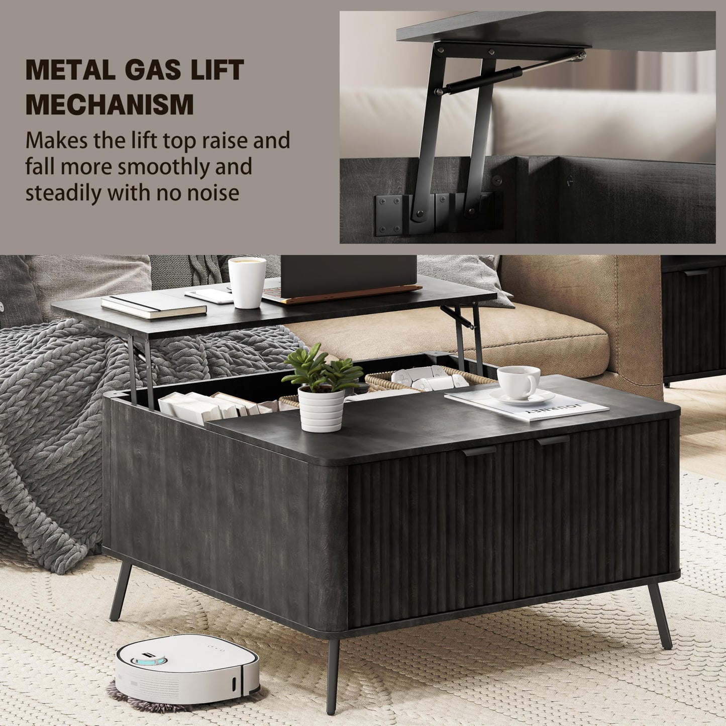 Fatmok Lift Top Coffee Table for Living Room, 35.4" Square Black Coffee Table with Storage Large, Mid Century Modern Rustic Wood Fluted Center Table with Large Hidden Storage Compartment