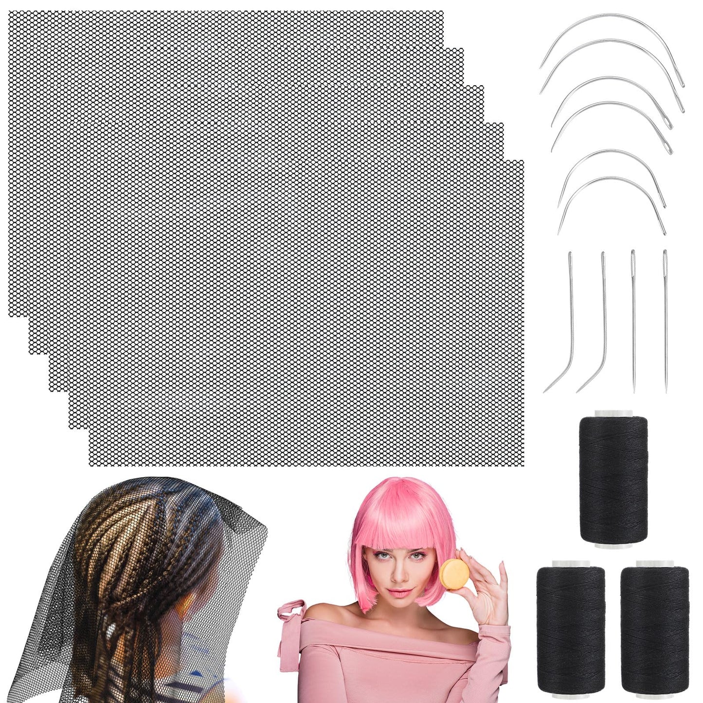 Luinabio 18 Pcs 26 x 18 in Black Hair Net Stretchy Weaving Net Accessories, Weaving Needle Combo Medium and Small C J I Shape Ne