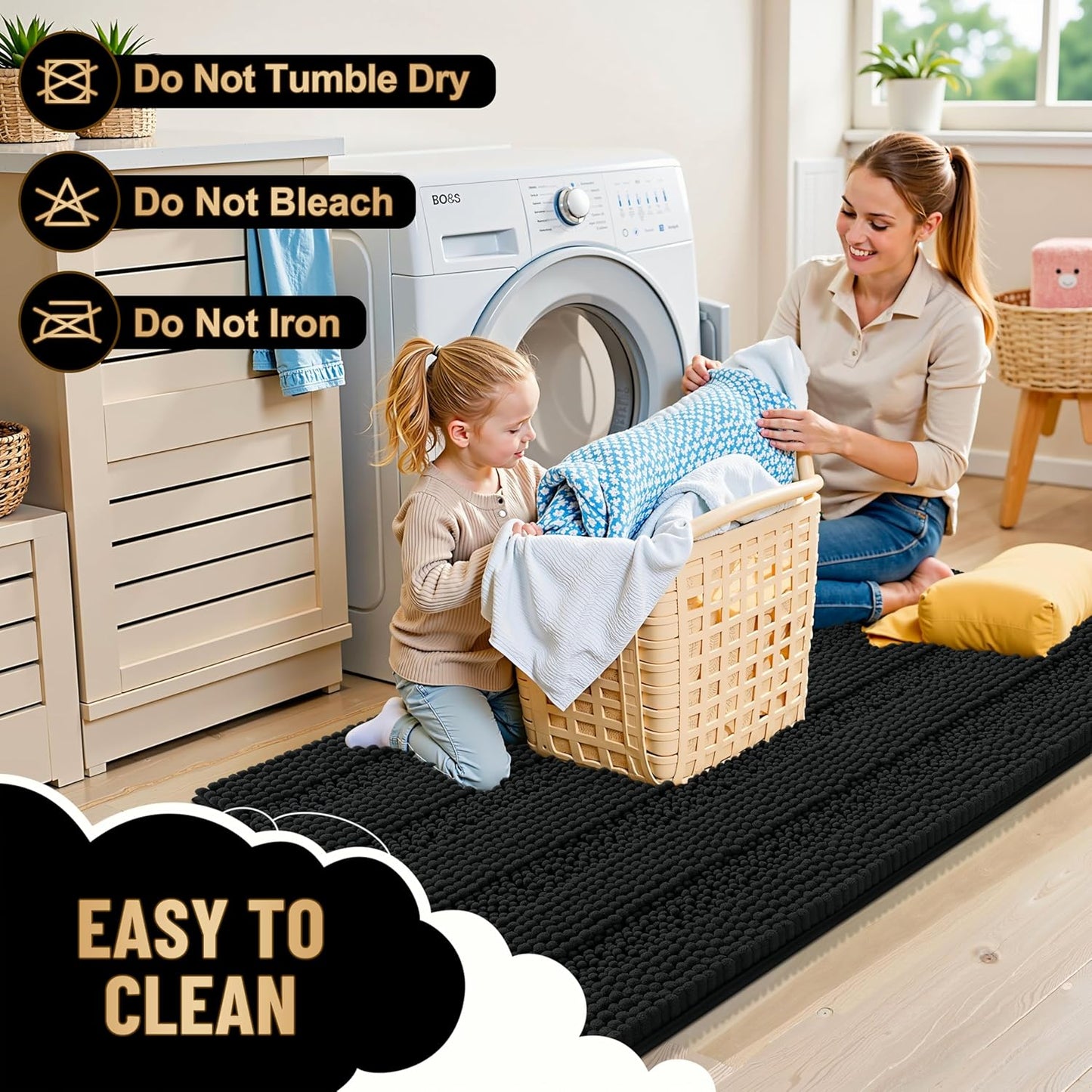 OLANLY Thick Bathroom Rugs 30x20, Extra Soft Absorbent Chenille Striped Bath Rugs, Rubber Backing, Machine Wash Dry, Bath Mats for Bathroom Floor, Tub and Shower, Home Decor Accessories, Black