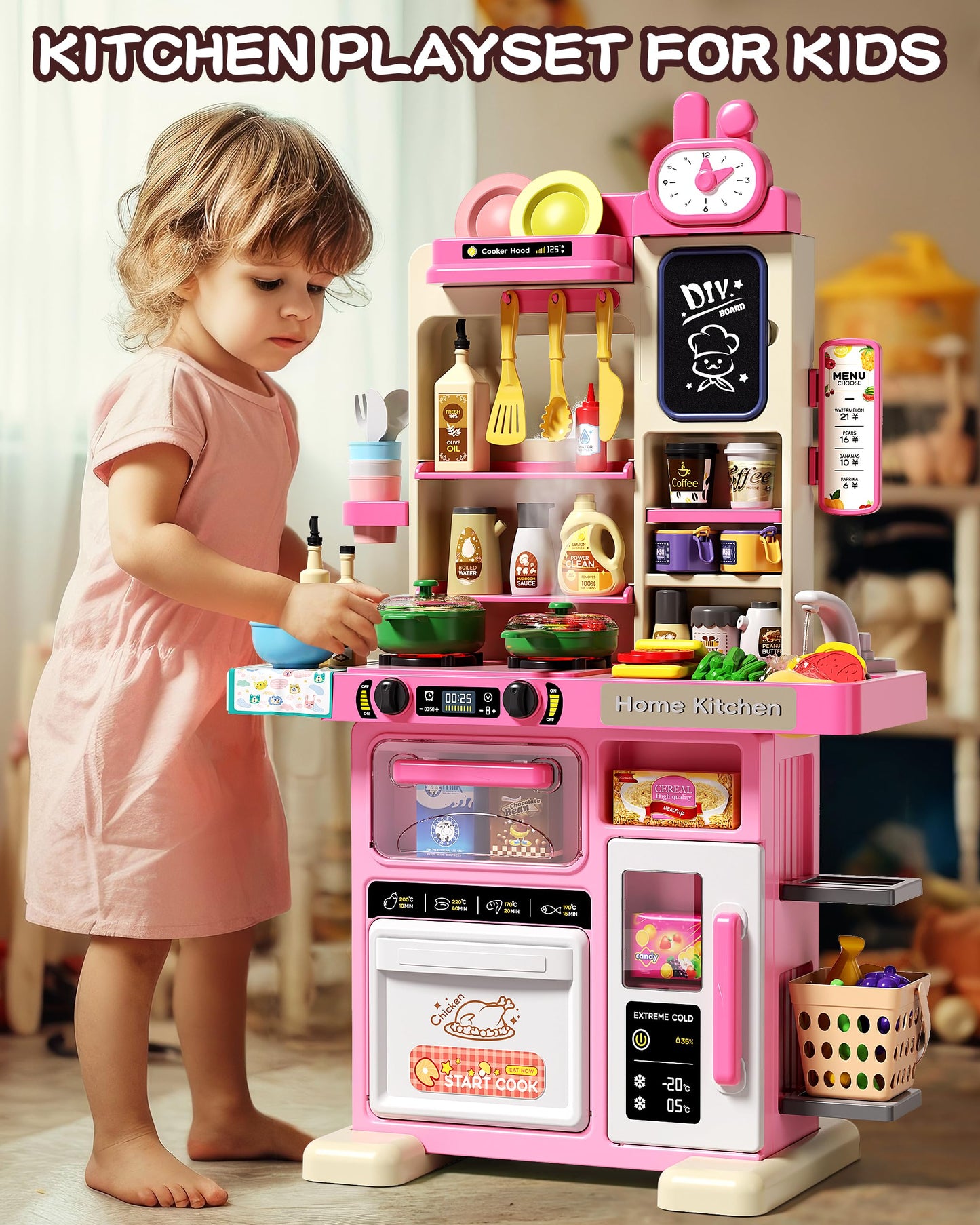 33.8IN Kids Kitchen Playset, 63 PCS Kid Play Kitchen with Realistic Lights & Sounds, Spray Sink Toy Kitchen Accessories, Pretend Food Toys Kitchen for Boys Girls Toddlers(Pink)