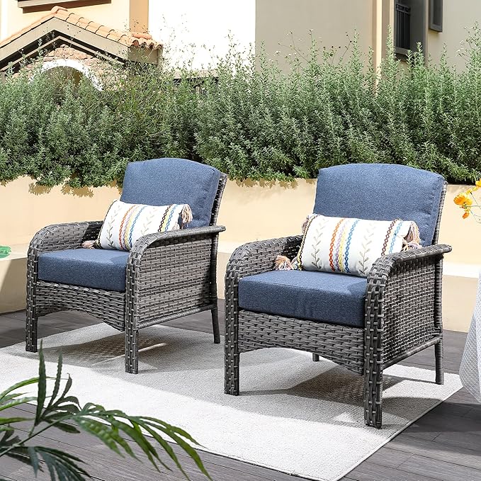 CAODOC 2 Pack Wicker Patio Furniture Chairs,Outdoor Rattan Chairs with Armrest Support 250 lb,Blue