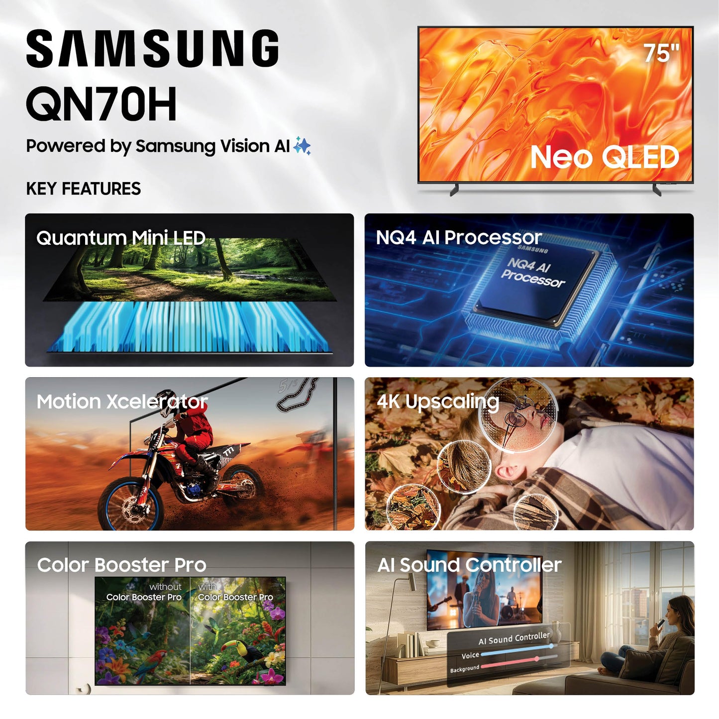 Samsung 75-Inch Class Neo QLED QN70H Series Samsung Vision AI Smart TV (2026 Model, 75QN70H) Quantum Mini LED, 100% Color Volume with Quantum Dot, NQ4 AI Processor, 4K Upscaling, Alexa Built-in