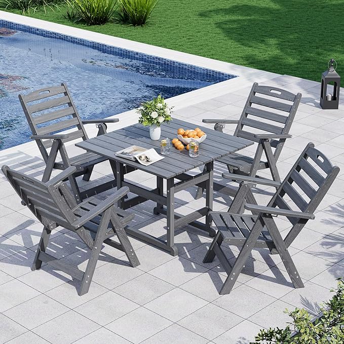 PamapicLife 5-Piece Outdoor Dining Set with Folding Chairs for Outside, All-Weather HDPE Outdoor Table and Chairs with Elegant Armrest, Patio Furniture Sets with Umbrella Hole for Patio, Gray