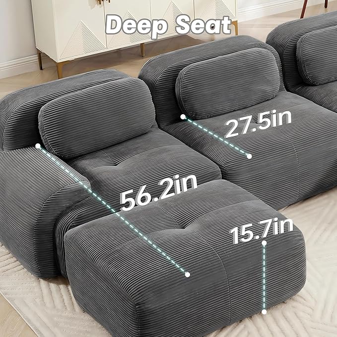 SoarFlash 117" Modern L-Shaped Modular Sectional Sofa for Living Room, Corduroy Upholstery Oversized 3-Seater Couch with Deep Seat and Movable Ottoman-No Assembly, Grey