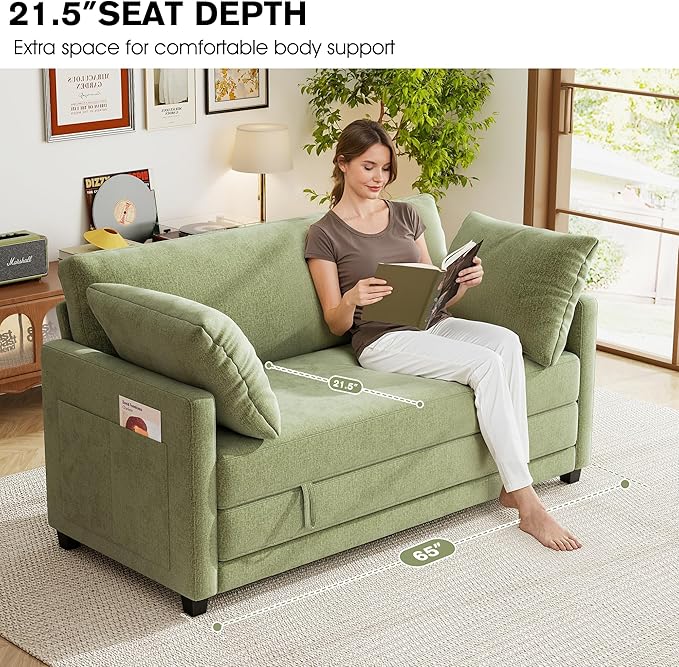 kakuboohi 65" Loveseat Sleeper Sofa Bed, Chenille Convertible Floor Sofa Bed for Small Spaces, Folding Couch Bed with Deep Seat, 2 Pillows & Solid Frame, Pull Out Floor Couch for Living Room, Green