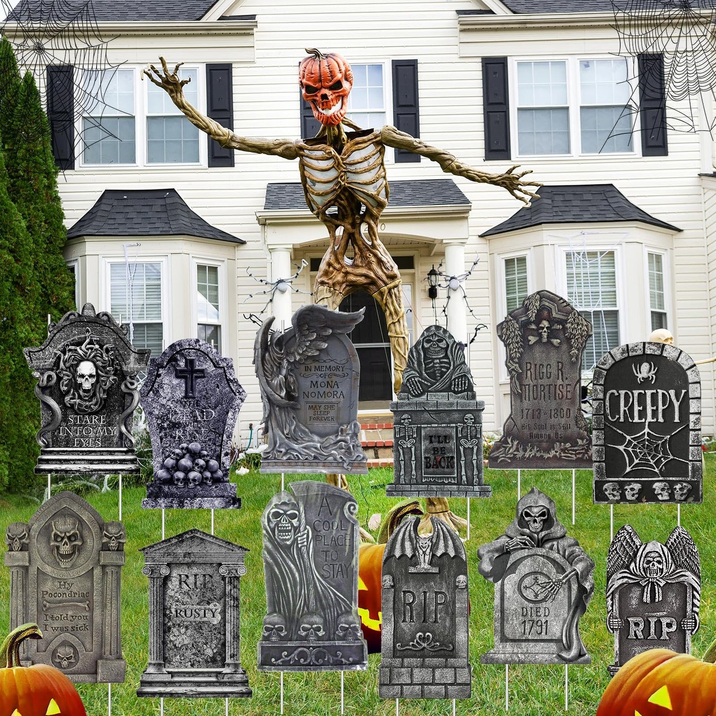 Kigley 12 Pcs Halloween Tombstone Yard Signs Decorations Tombstone Yard Sign Stakes Plastic Gravestone Headstone Yard Signs Outdoor Halloween Lawn Decorations for Halloween Props Lawn Decorations