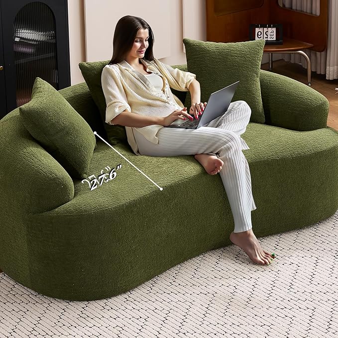 65'' Modern Curved Cloud Loveseat Sectional Sofa for Small Spaces, Luxury Plush Chenille Deep Seat Couch with 3 Pillows, No Assembly Needed Apartment Living Room Furniture, Green