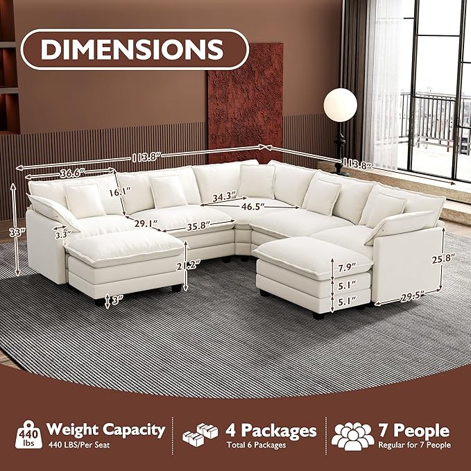 Ihanherry 114" V-Shaped Modern Sofa Modular Sectional Cloud Couch with 2 Ottoman, 7-Seat Chenille Deep Seat Sofa with Corner Section for Living Room, Bedroom and Apartment, Beige
