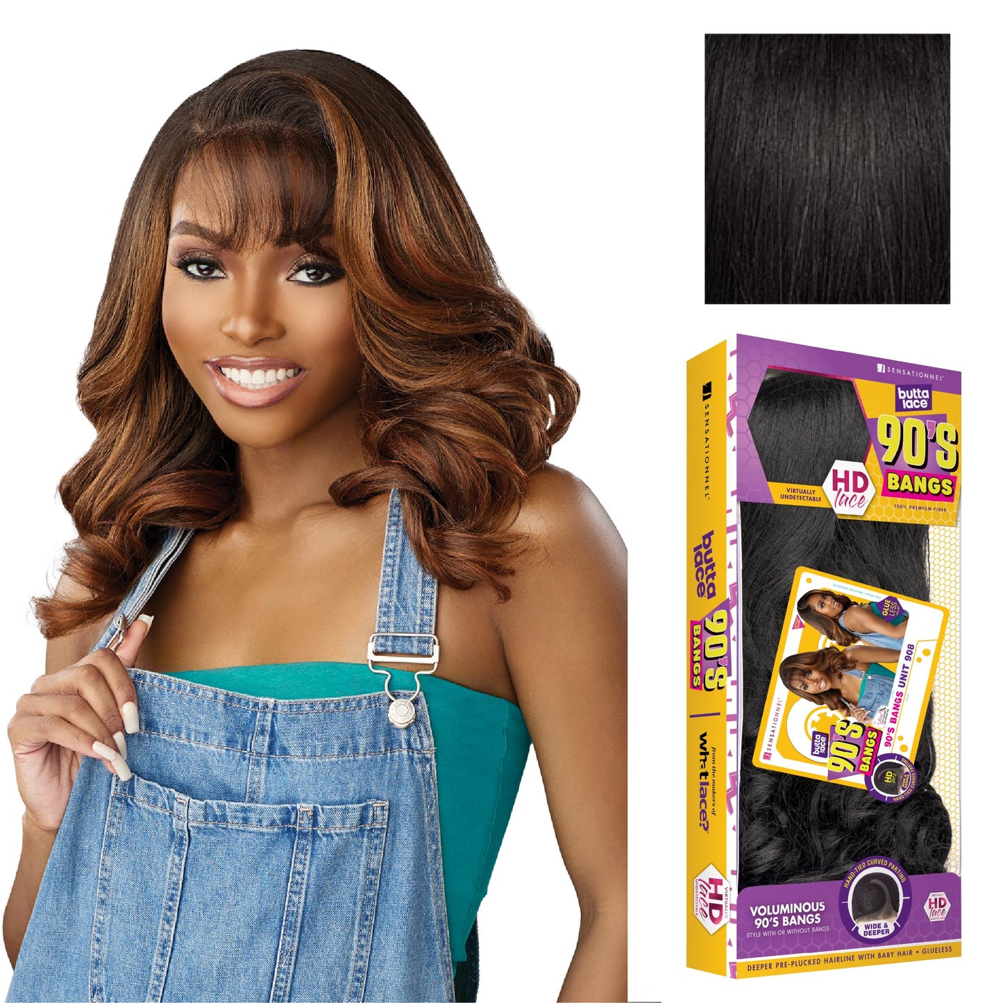 Sensationnel Butta Lace 90Sbangs Wigs - Unit 908 Glueless Wide Deep Part Synthetic Preplucked Hairline (1B OFFBLACK)