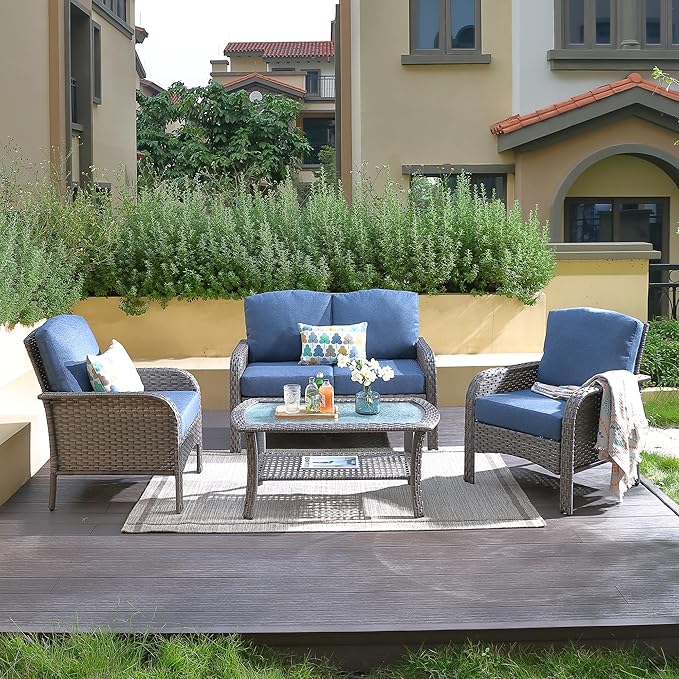 CAODOC 4-Piece Wicker Patio Furniture Set, All-Weather Rattan Conversation Bistro Loveseat Chair and Table Set for Backyard, Balcony and Deck with Soft Cushions and Metal Table(Blue)
