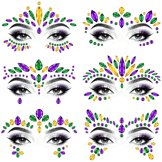 6 Sets Mardi Gras Face Gems Stickers Accessories Self-Adhesive 3D Eye Jewels for Women Crystals Decorations Carnival Party...