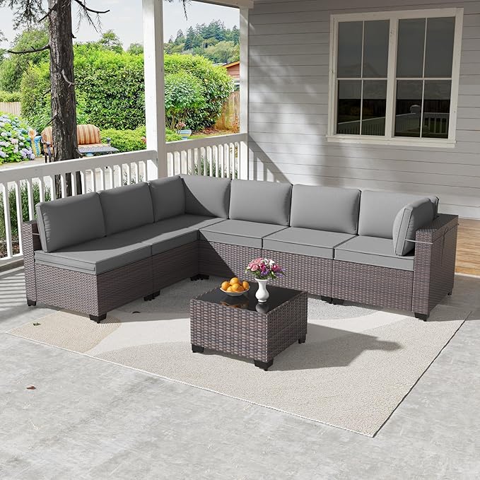 Kullavik 7 Pieces Outdoor Patio Furniture Set,Wicker Outdoor Sectional Sofa,All-Weather Patio Conversation Sets with Washable Thick Cushions & Coffee Table for Garden,Backyard,Balcony,Porch,Grey