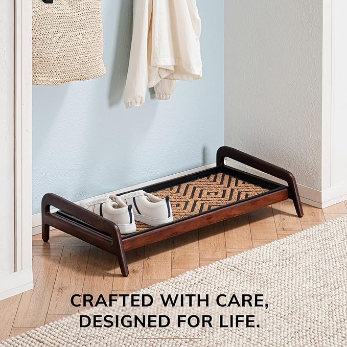 Anji Mountain Heavy Duty Waterproof Wooden Shoe Storage Mat Organizer/Boot Storage Tray Multi Use for Entryway with Coir, Tan and Black Diamond Insert, 1 Tier, Fits 3 Pair (36.5" Wide)