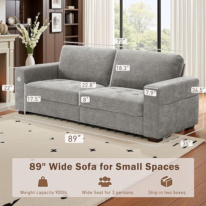 Hanherry Couch for Living Room, Modern Comfy Sofa with Medium Firm Seat Cushion, Removable Cover,Wide Armrest,USB/Type-C Port,Chenille Fabric Couches for Small Space,Apartment (Gray, 89 inch)