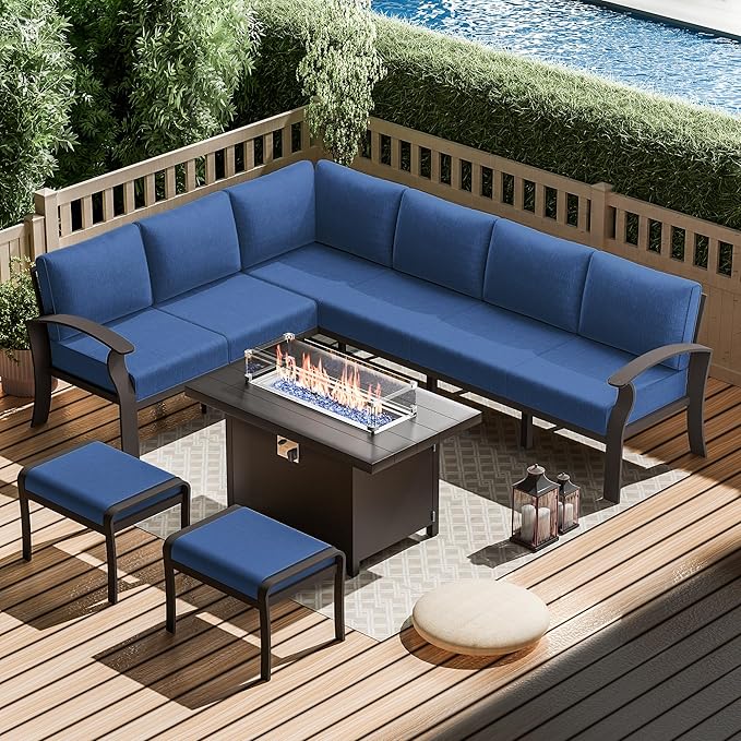 RTDTD Aluminum Outdoor Patio Furniture Set,8 Seats Patio Conversation Sets with 45" Propane Fire Pit Table,Metal Patio Sectional Furniture Set with Ottomans,Navy Blue