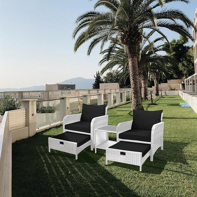 LEVELEVE Balcony Furniture 5 Piece Patio Conversation Set, PE Wicker Rattan Outdoor Lounge Chairs with Soft Cushions 2 Ottoman&Glass Table for Porch
