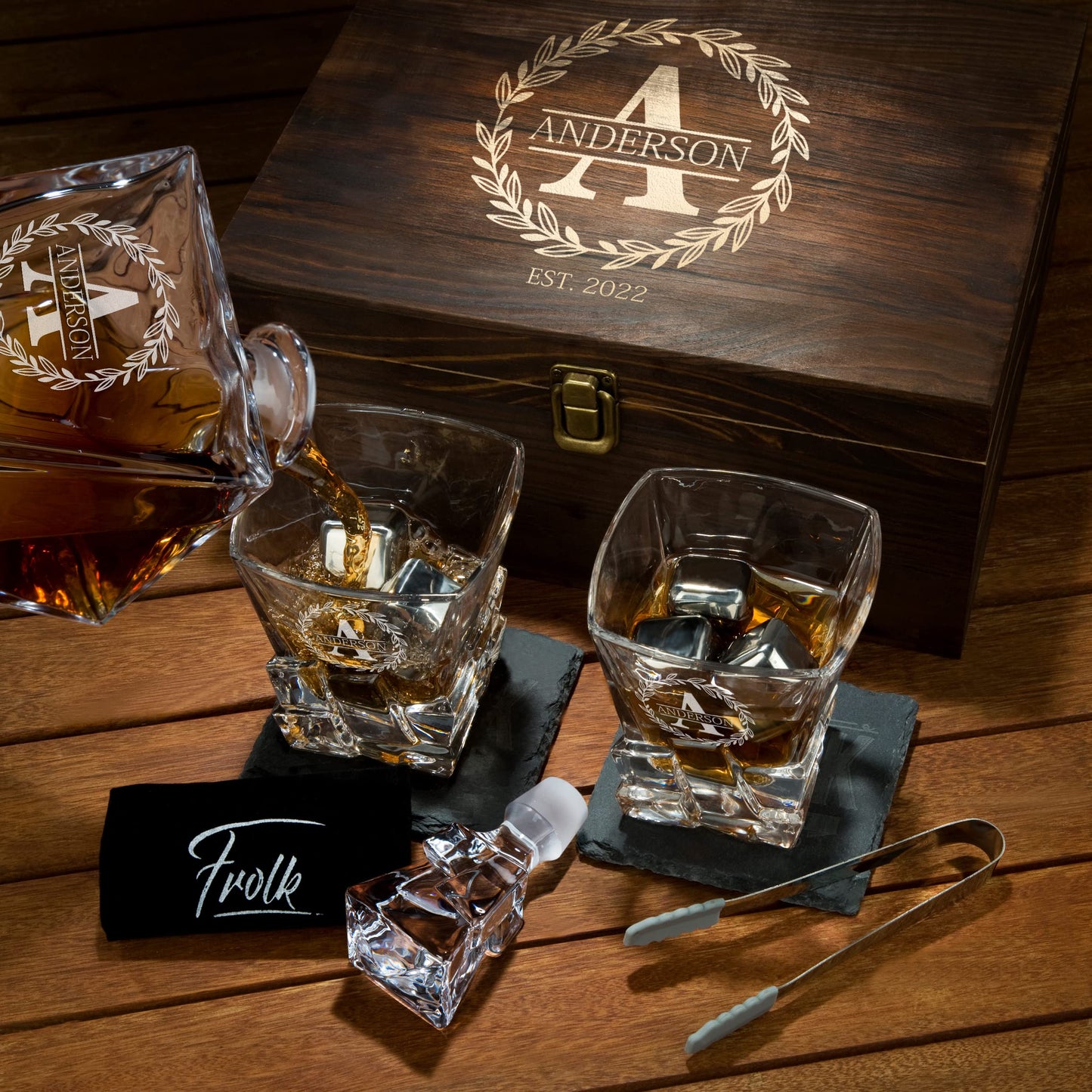 Personalized Whiskey Decanter and Stones Set - Customized Gift for Men, Dad, Father - Engraved Rocks Whiskey Decanter, 2 XL Glasses, 8 Whisky Cubes, 2 Coasters, Tongs, Pouch in Wooden Gift Box