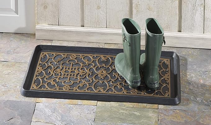 HF by LT Asian Screen Rubber Boot Tray, 32 x 16 inches, One-Piece Seamless Construction, Durable Vulcanized Rubber, Year Round Use Indoors or Outdoors, Black with Antique Bronze Finish