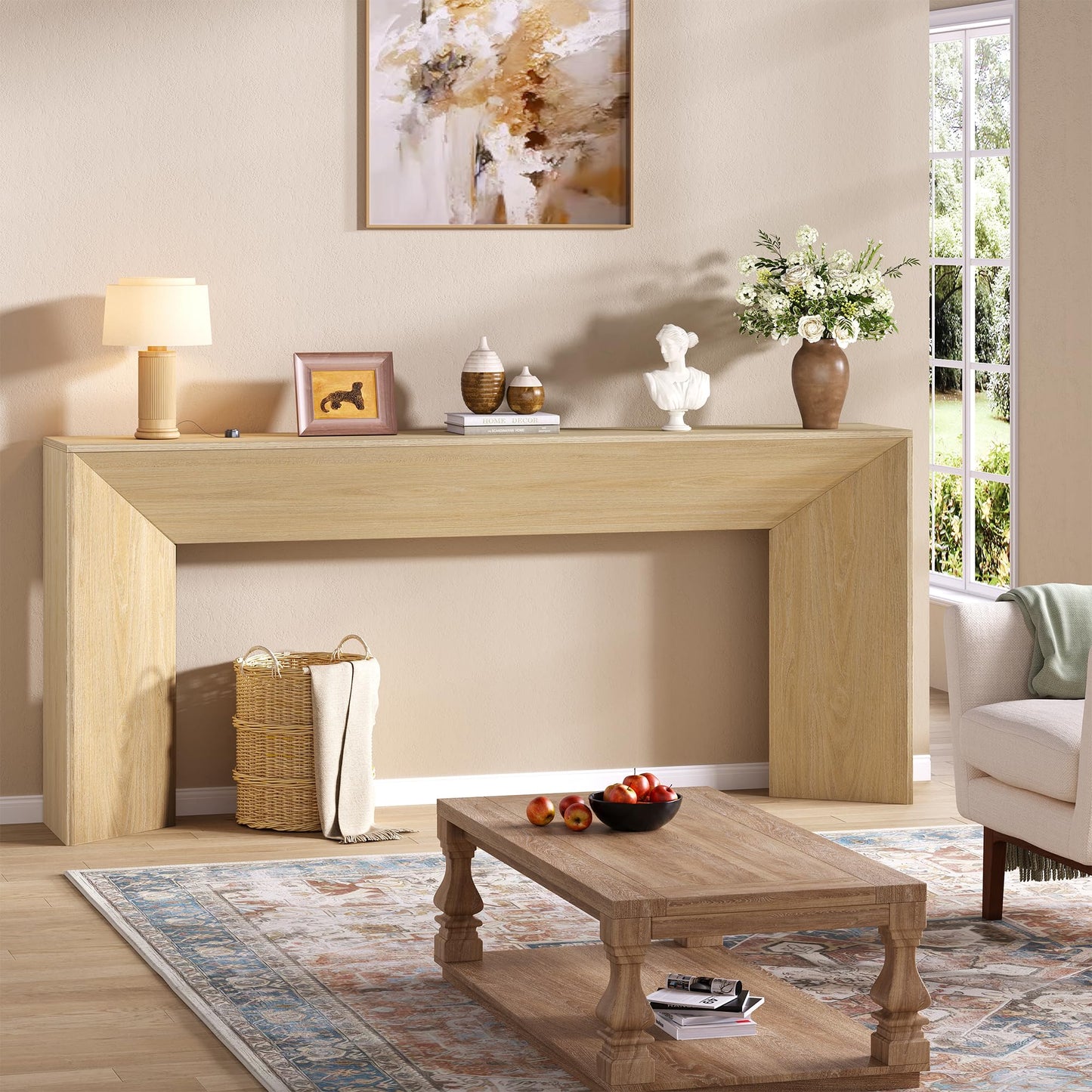 knoworld 70.9 Inch Long Console Table, Farmhouse Entryway Table with Sturdy Triangular Base, Wood Narrow Behind Couch Sofa Table for Living Room, Hallway, Foyer, Natrual Oak