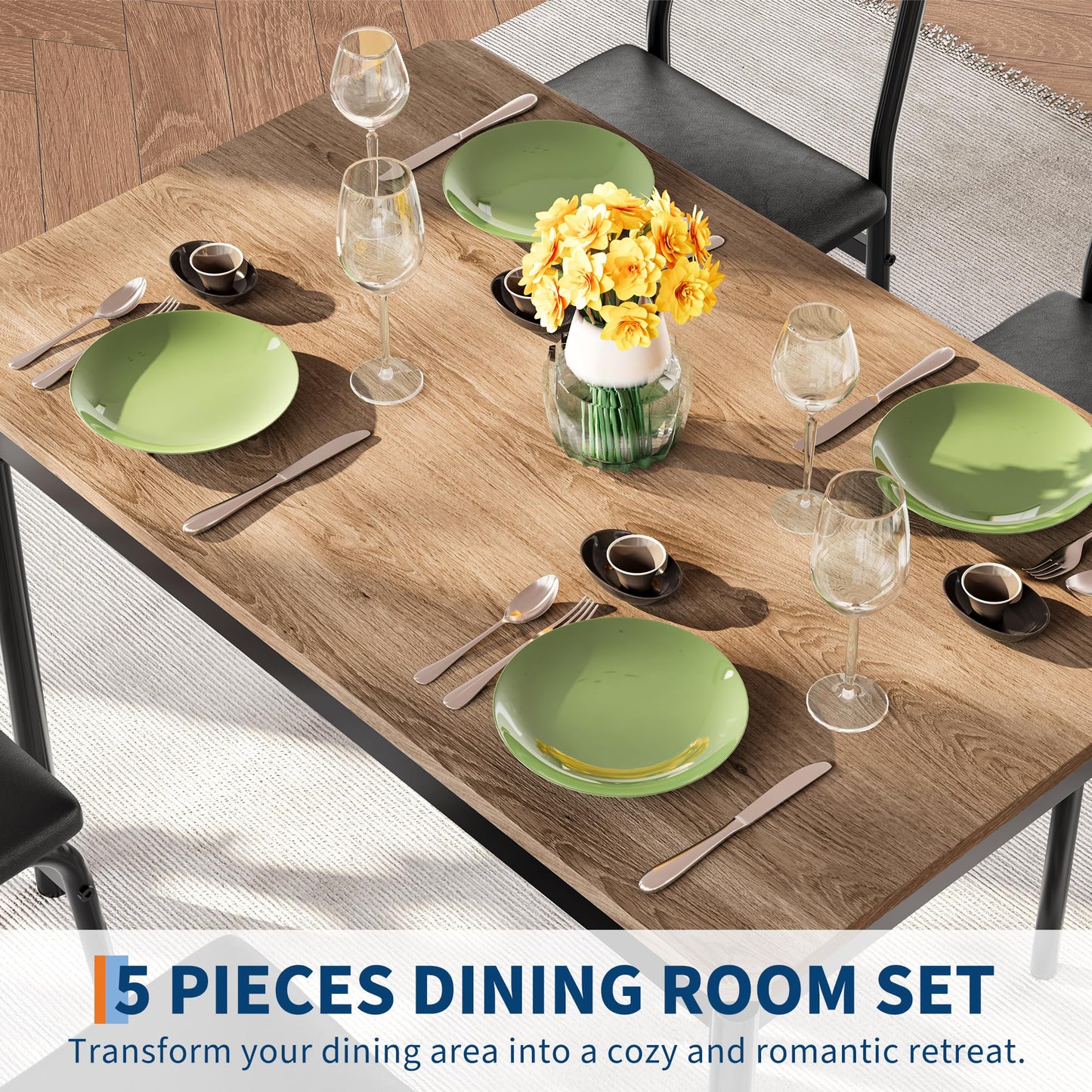 Garvee Dining Table Set for 4, 5 Piece Wooden Dining Room Table Set, 4 PU Upholstered Chair, Modern Metal Frame Dinette Set for Dining Room, Home Dinner, Party, Kitchen, Black