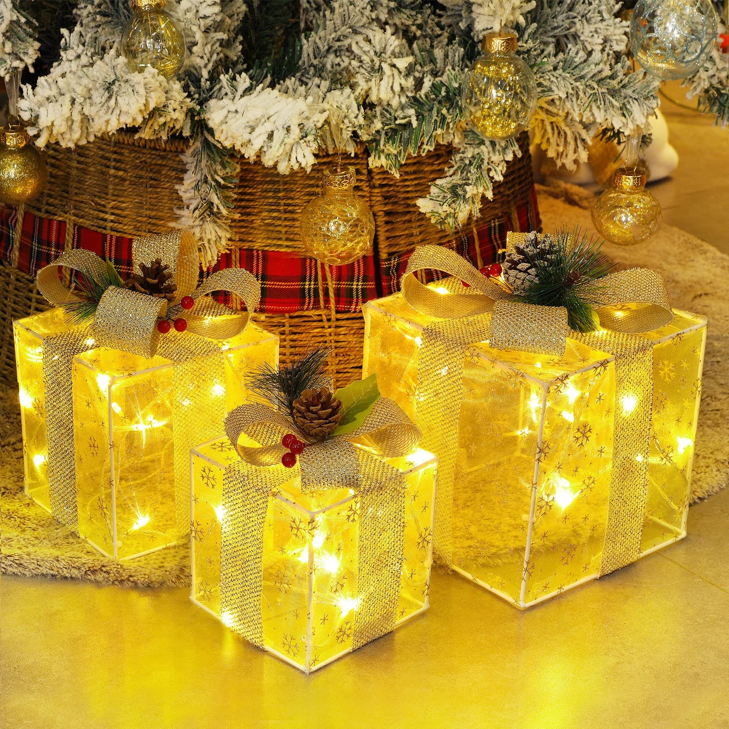 Set of 3 Christmas Lighted Gift Boxes Decorations, Pre-lit Snowflakes Present Box with Silver Bowknot, Light Up Xmas Tree Skirt Ornament, Indoor Outdoor Plug in for Home Pathway Holiday Party