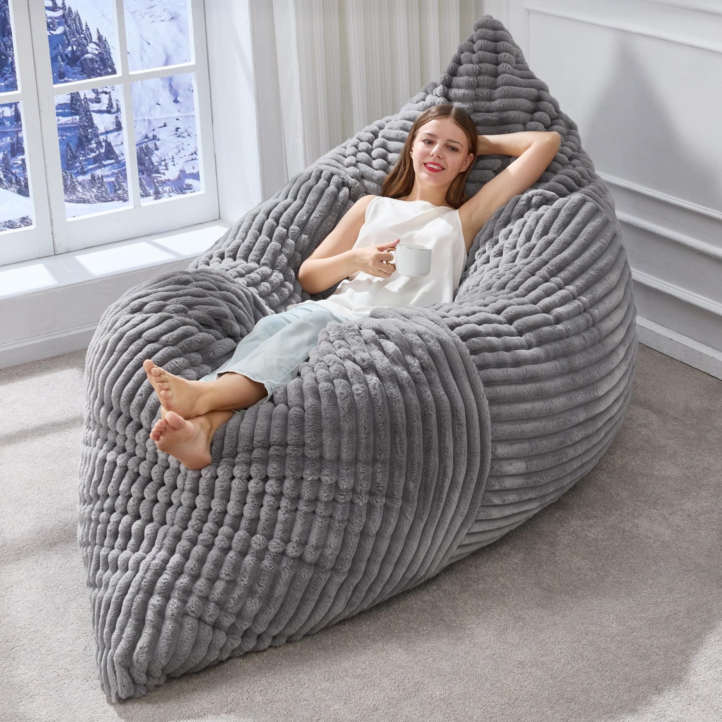 Hobestluk 3 in 1 Bean Bag Chair Giant Bean Bag Chairs Convertible Bean Bag Floor Cushion with Machine Washable Cover, Beanbag Chairs for Adult (Grey)