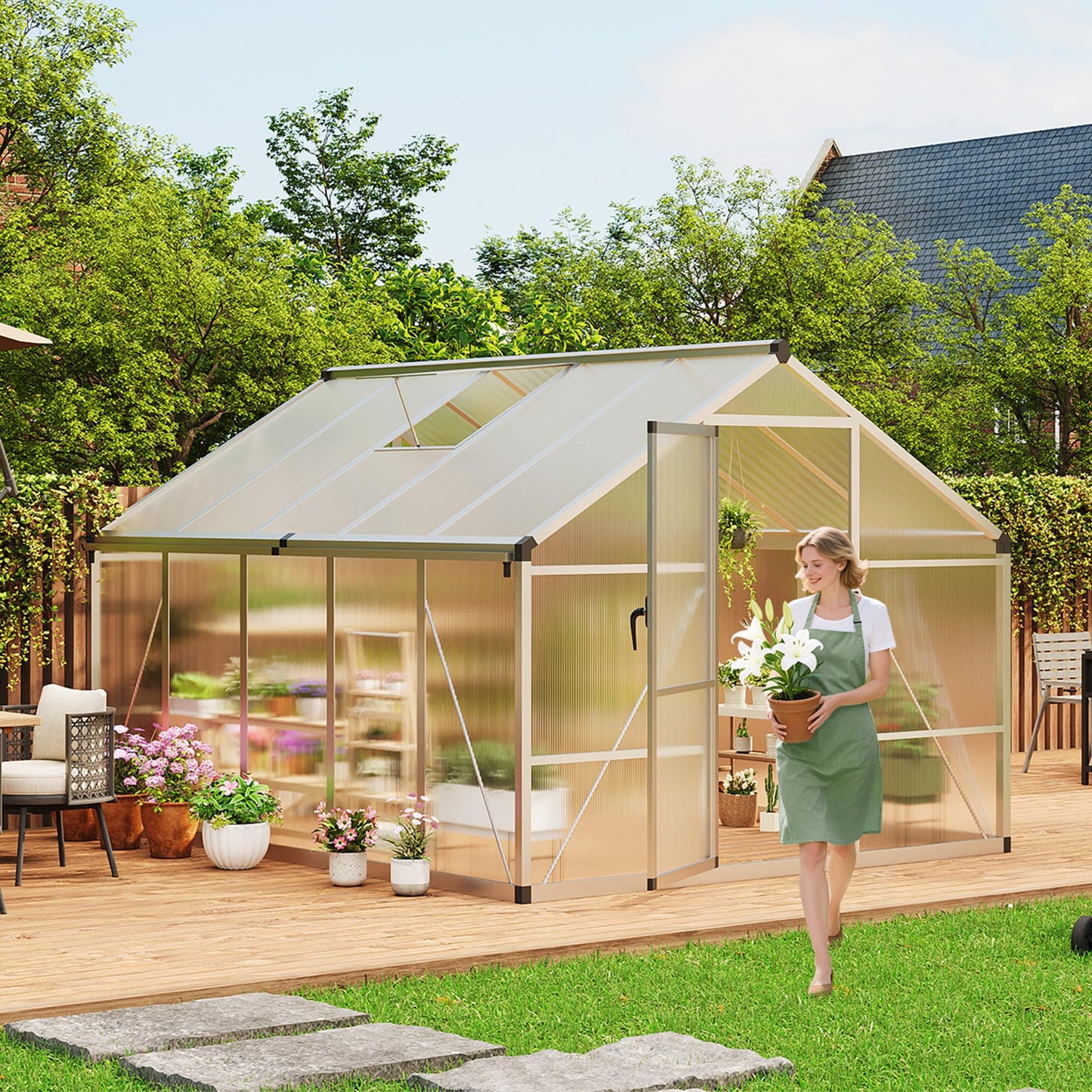 Greenhouse, 8x10 Ft Outdoor Greenhouses, Greenhouse Kit, Portablee Greenhouses with Ground Nails and Vent Windows, Sliding Lockable Door, Polycarbonate Green House for Outside Garden Backyard, White