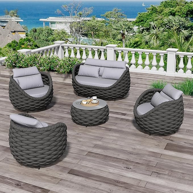 Erotr Fully Assembled Patio Furniture Set: 5 Pieces Woven Rope Outdoor Conversation Set Cushioned - Modern Metal Deck Loveseat Chair Table Set - Porch Seating for Courtyard Garden Pool Balcony Hotel