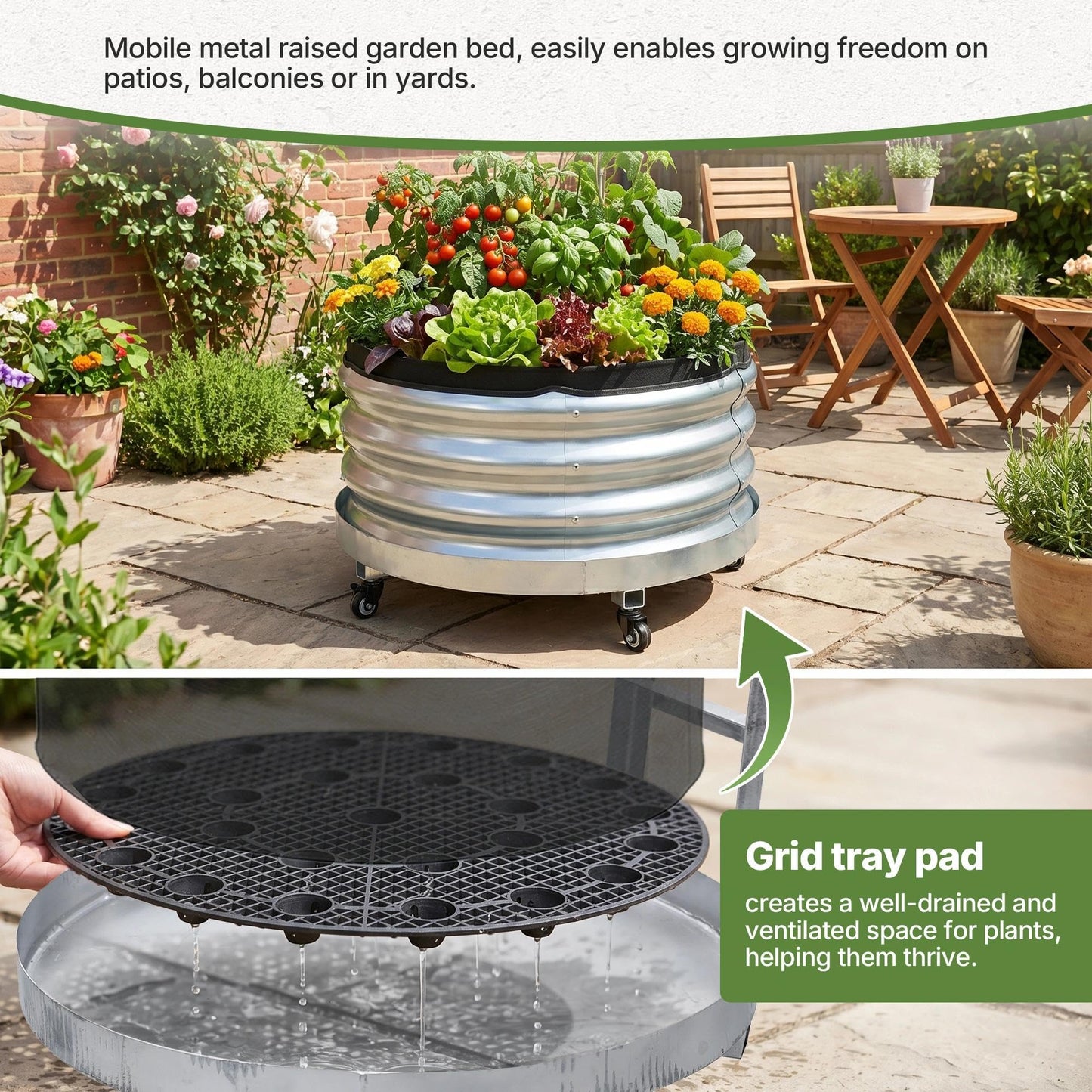 Chonway Large Rolling Garden Planter Box with Geotextile Grow Bag & Plastic Tray Pad, Galvanized Metal Raised Garden Bed Outdoor with Wheels for Flowers Tomatoes Vegetables Olive Trees, 2x2 ft