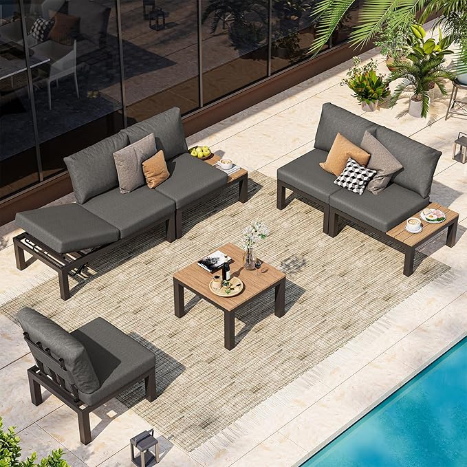 Oasbira Aluminum Modular Outdoor Patio Furniture Set, 6 Seats Patio Sectional Sofa Set with Adjustable Backrest & Thick Cushions, All-Weather Conversation Sets with Table for Garden & Yard, Graphite