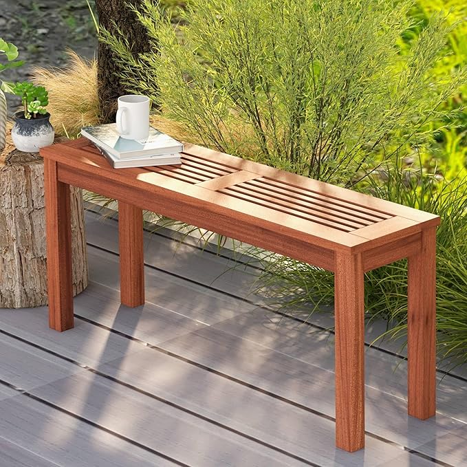 Tangkula Patio Wood Bench, 2-Person Solid Wood Bench with Slatted Seat, 39.5” Long Loveseat with Stable Wood Frame, Indoor Outdoor Dining Bench for Backyard, Poolside, Entryway (2)