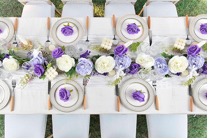 DearHouse Artificial Peony Flower Garland - 6ft Silk Peony Garland with White Purple Flowers for Wedding Party Table Decoration