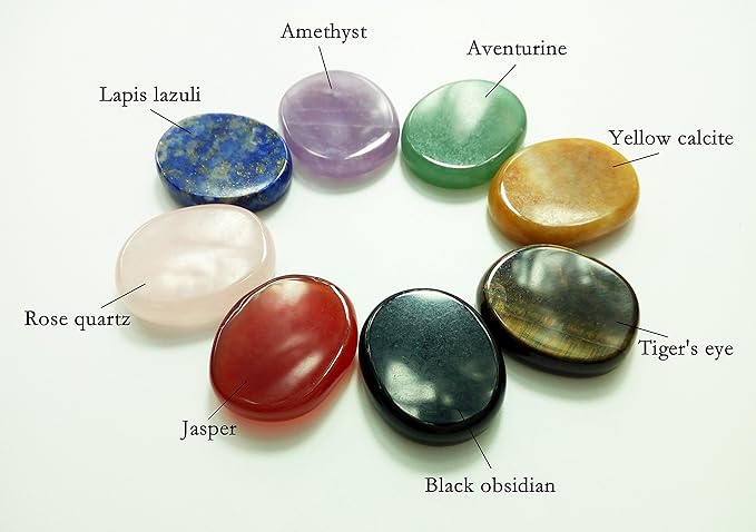 Mina Heal Chakra Stones 8 PCS Kit, Oval Shape, Tumbled & Polished, for Use in Grounding Balancing Soothing Meditation Reiki or as Worry Stones, Hot Spa Rock & Massage