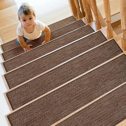Stair Treads Non Slip for Wooden Steps Indoor 10" x 30" 8 Pack Extra Wide Stair Tread Carpet Stairs Runner, Step Pads with Reusable Adhesive for Dogs Kids Elders, Machine Washable, Brown