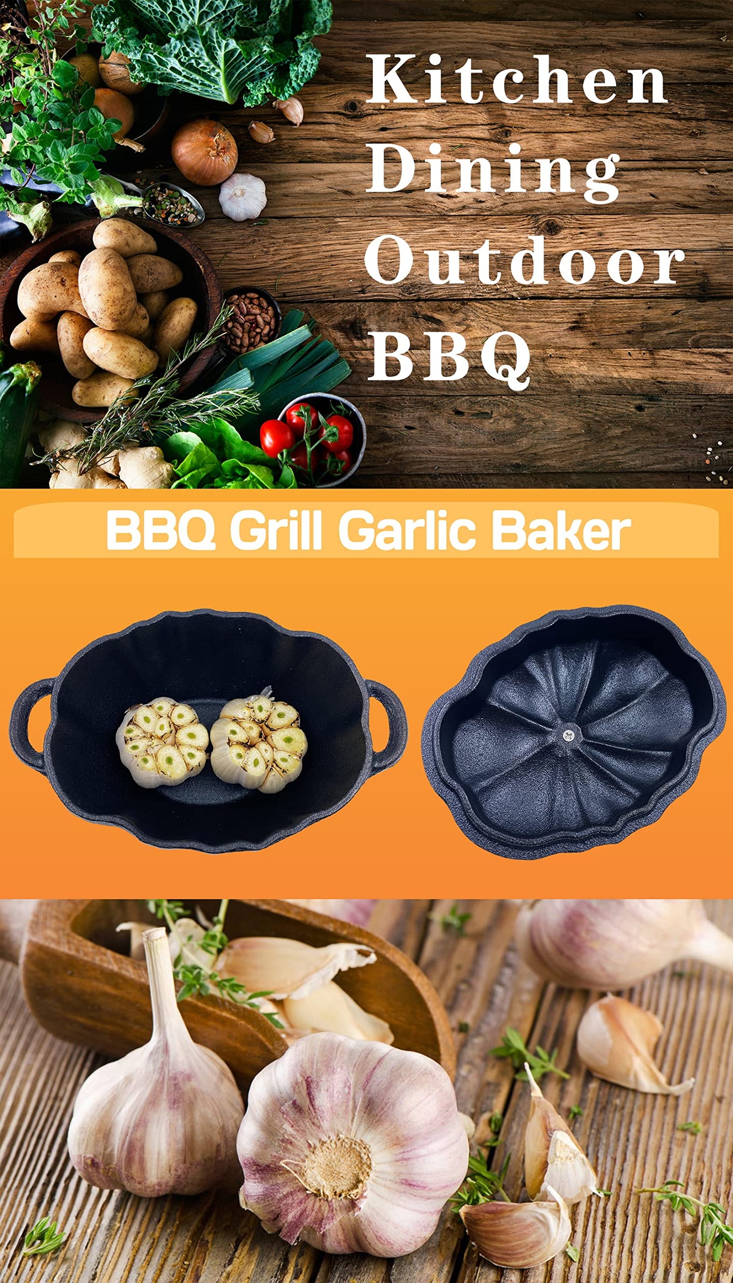 AOKDEER Garlic Roaster, Pre-Seasoned Cast Iron Garlic Roaster Oven Baker and Garlic Presses Set for Kitchen, Pumpkin Soup Pot Casserole, BBQ Grill Garlic Roasted Baker Tool for Outdoor Picnic Camping