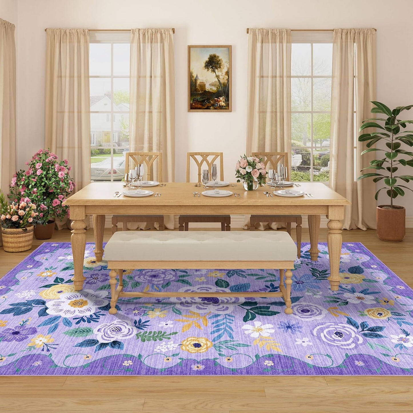 DUKINO 5x7 Area Rug, Floral Rugs for Living Room, Lightweight Non Slip Washable Rug, Indoor Low Pile & Non-Shedding Boho Design Rugs for Bedroom, Playroom, Dining Room, Purple