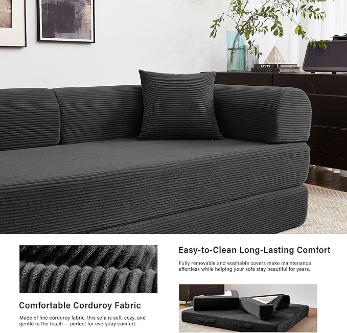 79" 5-in-1 Folding Convertible Sofa Bed, Oversized Corduroy Futon Floor Couch with Pull-Out Sleeper, Modular Boneless Loveseat for Small Spaces, Living Room, Bedroom (Black)