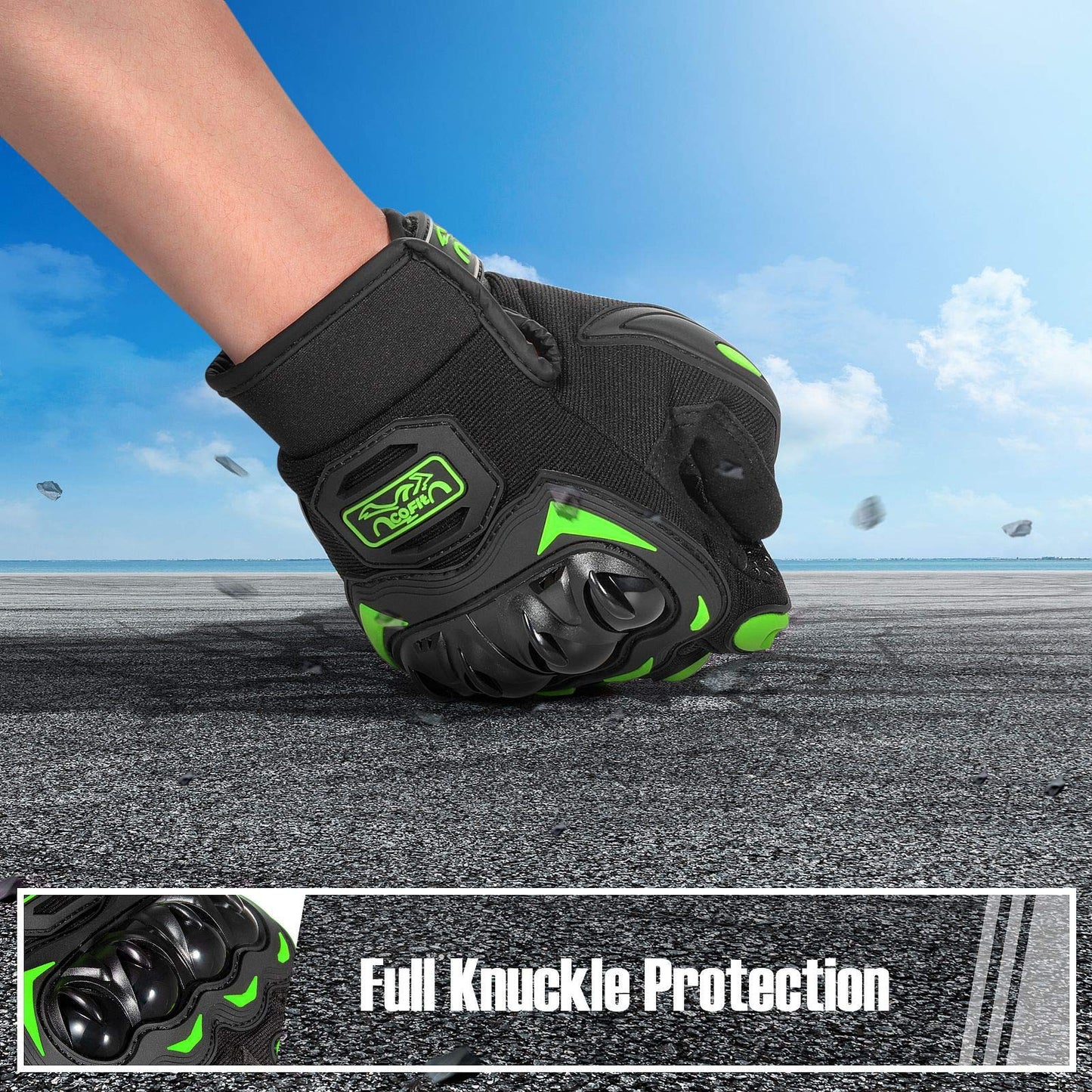 COFIT Motorcycle Gloves Breathable, Touchscreen Motorbike Gloves Anti-Slip with Good Grip Hard Knuckles Protection for Men Women Motocross, BMX ATV MTB Cycling, Road Racing - Green L