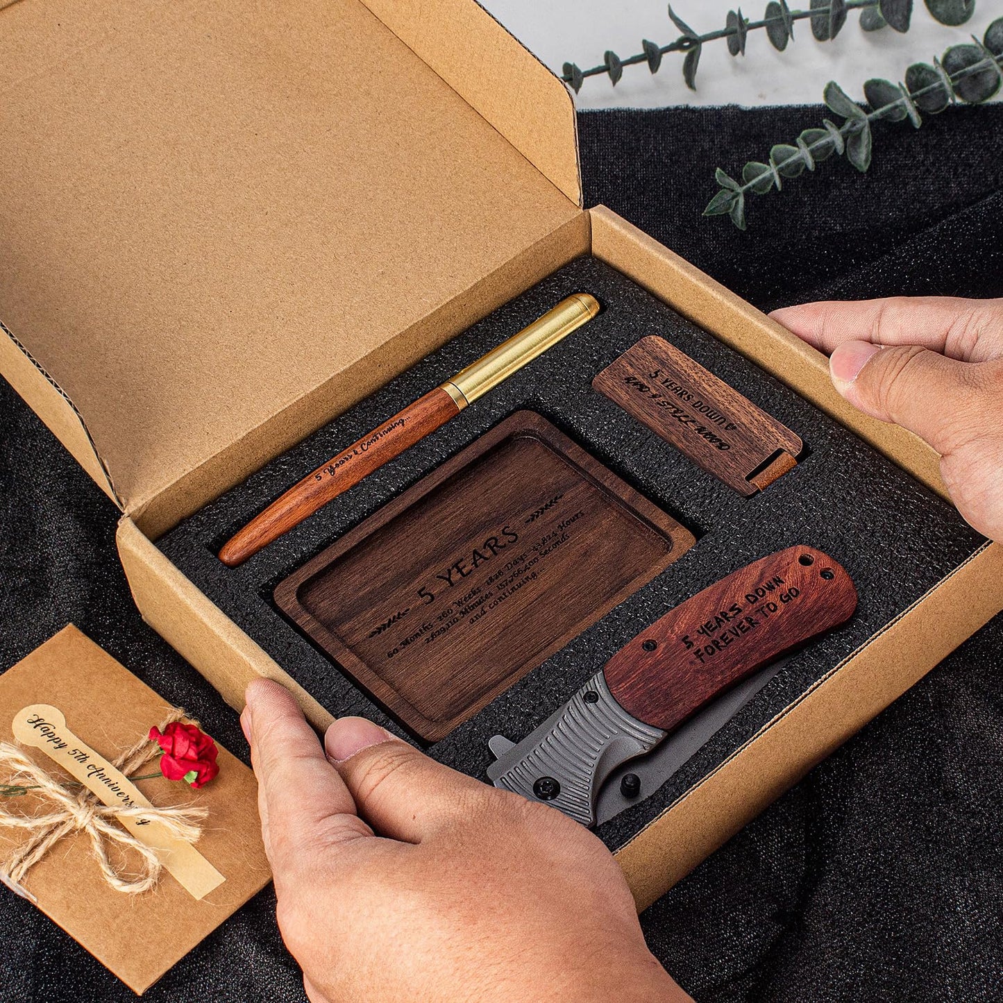 5 Year Anniversary Wooden Gift for Him Wood Gifts Set for 5th Wedding Anniversary 5 Years of Marriage Present for Men Husband Couple Unique Keepsake Including:pocket Knife&ring Dish&pen&keychain