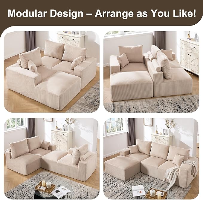 108" Modular Sectional Sofa, Compression Sofa with Deep Seat, Modular L-Shape Couch with Chaise, Upholstered Couches for Living Room Bedroom, No Assembly Required (Oat Corduroy, 108" L Shape)