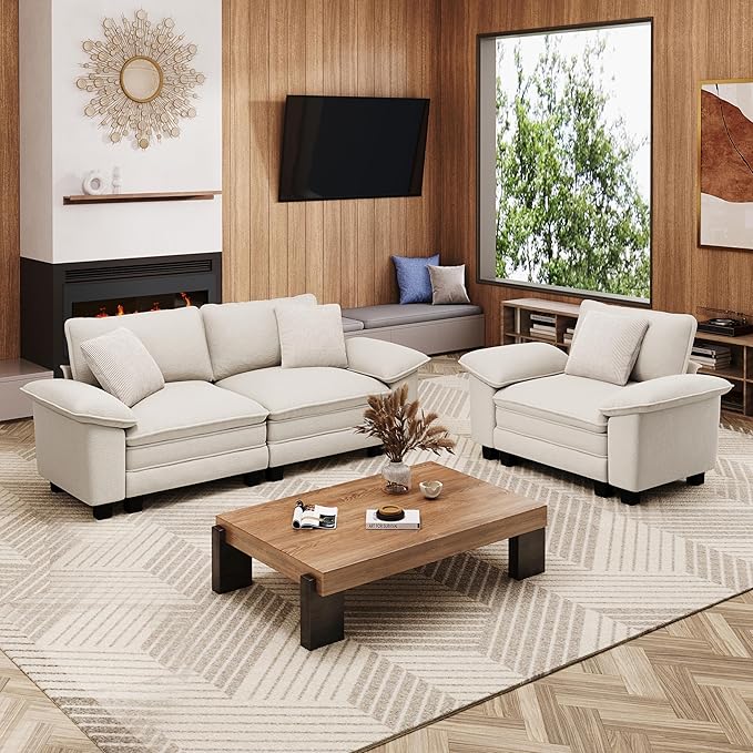 MIXPATIO L-Shaped Cloud Modular Sofa Set with Chaise, Deep Seat 3-Piece Sectional & Removable Arms, Plush Chenille for Living Room - Beige