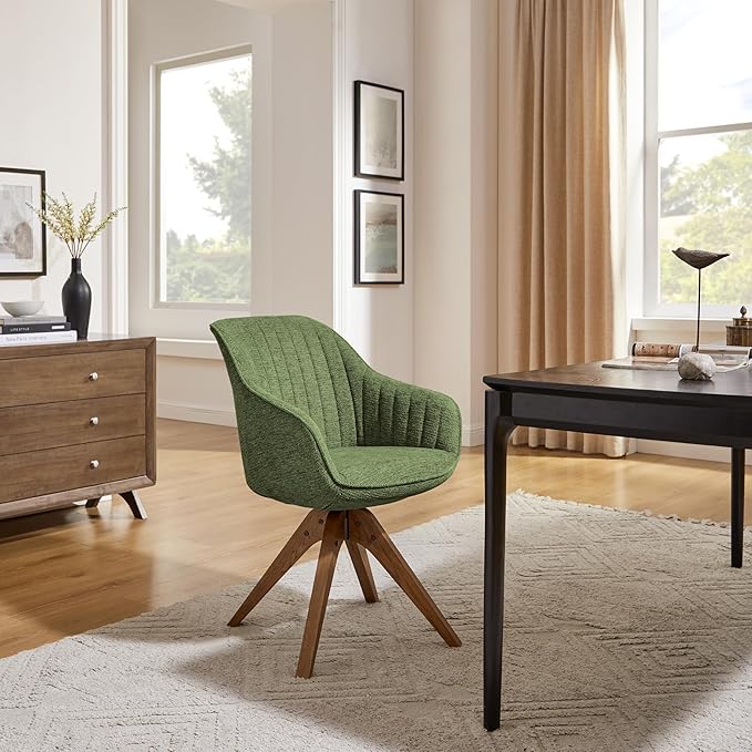 Art Leon Swivel Dining Chair - Mid Century Modern Fabric Upholstered Kitchen Dining Room Chair with Oak Wood Legs, Leisure Side Chair with Arms for Living Room, Green