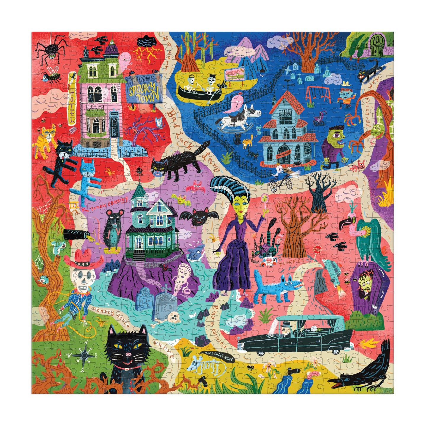 Mudpuppy Welcome to Spooky Town – 500 Piece Family Jigsaw Puzzle Featuring Bold and Spooky Illustrations of A Haunted Town Filled with Goblins Ghouls and Monsters