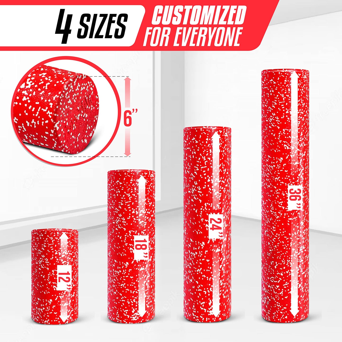 Yes4All High-Density Foam Roller for Back Pain Relief, Yoga, Exercise, Physical Therapy, Muscle Deep Tissue Massage 12-18-24-36- Red Snow - 12 Inches