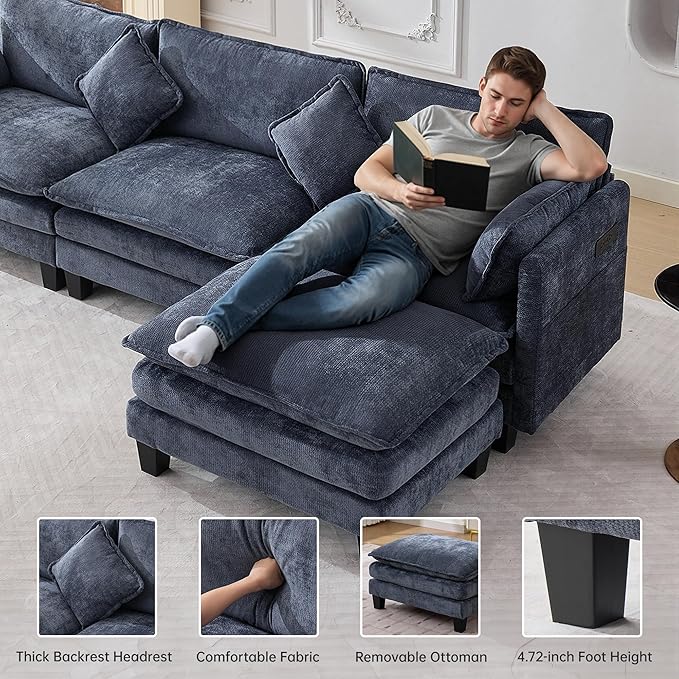 Opiesit 108" Modular Sectional Couches for Living Room with Ottoman, L Shaped Cloud Couch with Charger, USB & Type-c Port, Comfy 4 Seats Sofas with Deep Seat, Chenille Fabric, Blue