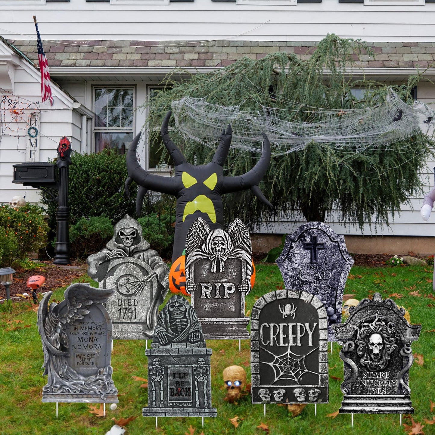 Kigley 12 Pcs Halloween Tombstone Yard Signs Decorations Tombstone Yard Sign Stakes Plastic Gravestone Headstone Yard Signs Outdoor Halloween Lawn Decorations for Halloween Props Lawn Decorations