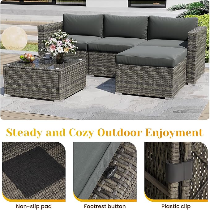May in Color 5 Piece Outdoor Patio Sectional Furniture Set, Weather Resistant Rattan Outside Couch, Waterproof Conversation Sofa for Balcony, Porch, Backyard, Deck, Garden, Grey