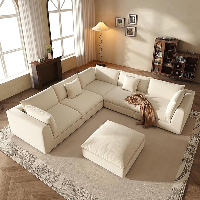 Fajiani Oversized Modular Sectional Sofa,Cloud Couch Deep Seat Sofa Cushion Covers Removable, Oversized Sectional Couches for Living Room (6 Seater V Shaped-Cream White)